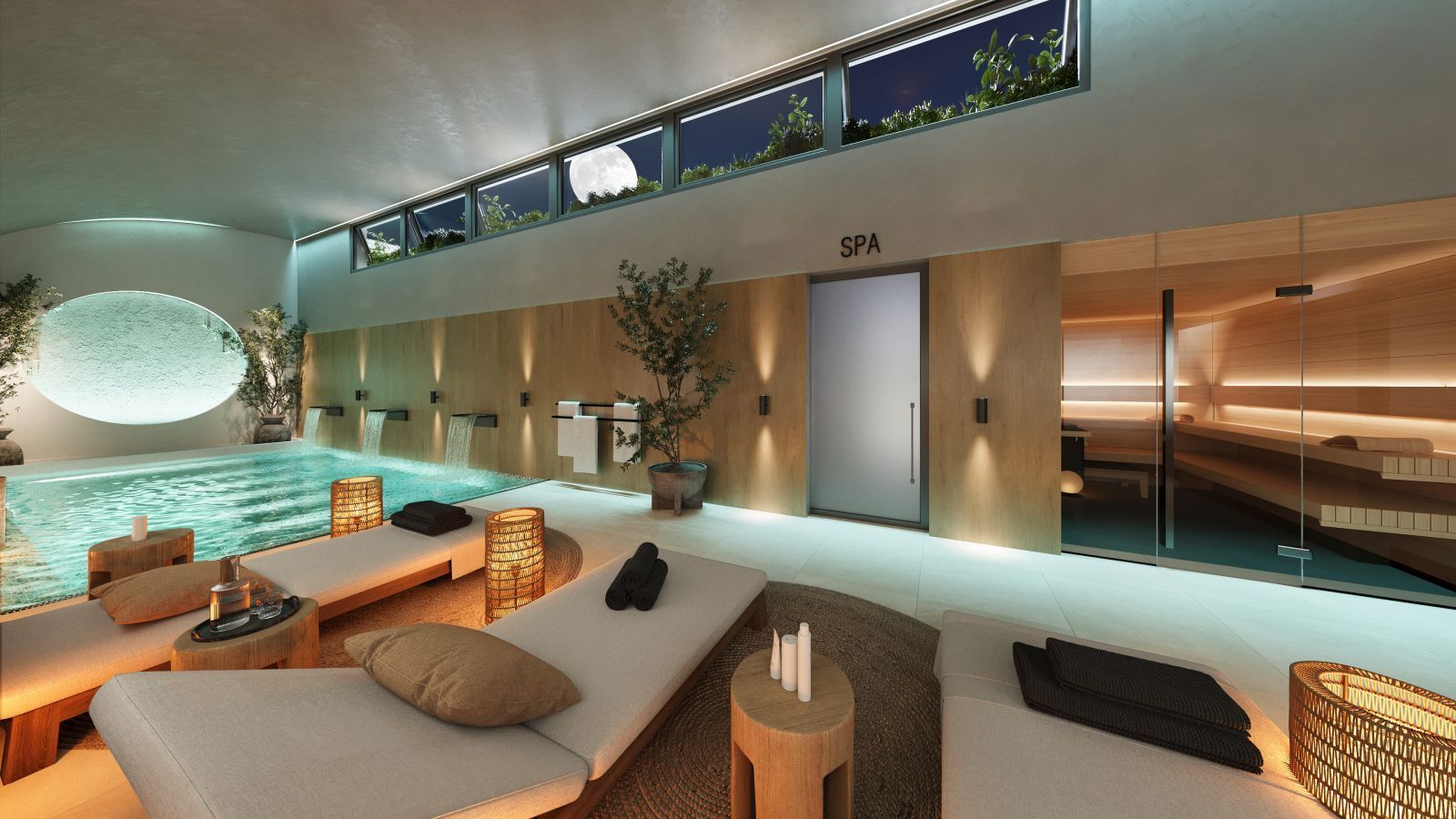 Luxe binnenspa met zwembad, sauna en ligstoelen in Altos del Chaparral.